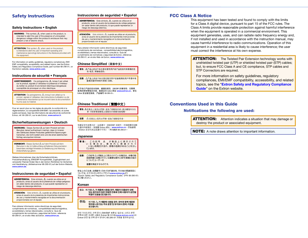 Extron electronic 1600 setup guide Safety Instructions, FCC Class a Notice, Conventions Used in this Guide 