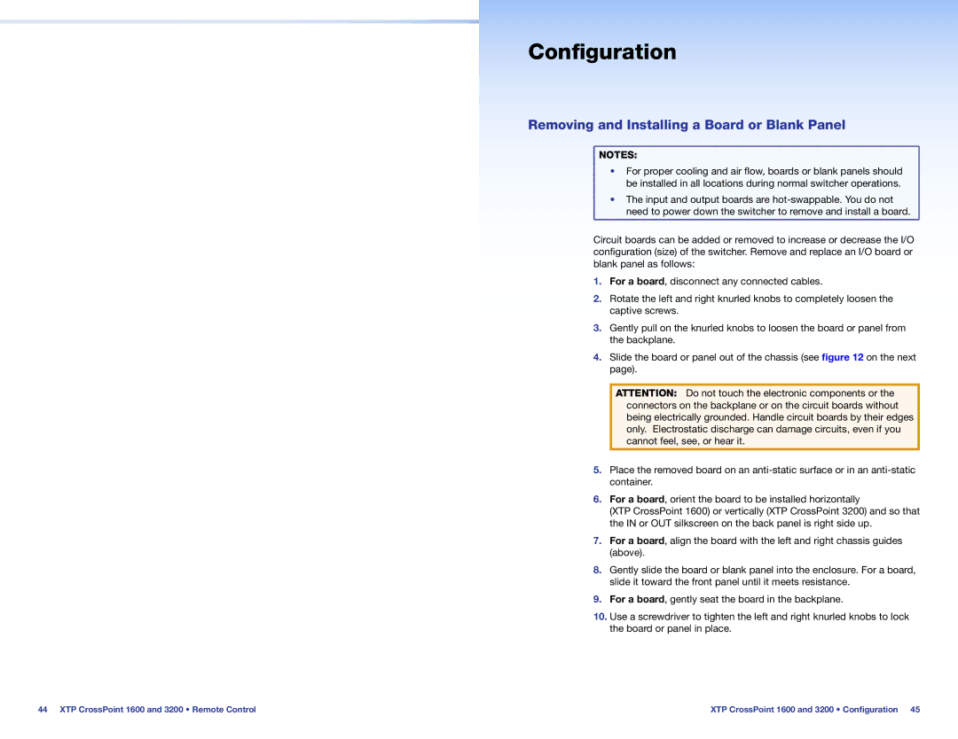 Extron electronic 1600 setup guide Configuration, Removing and Installing a Board or Blank Panel 