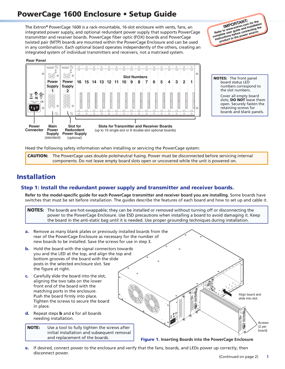 Extron electronic setup guide PowerCage 1600 Enclosure Setup Guide, Power 16 15 14 13 12 11 10 9 8 7 6 5 4 3 2 