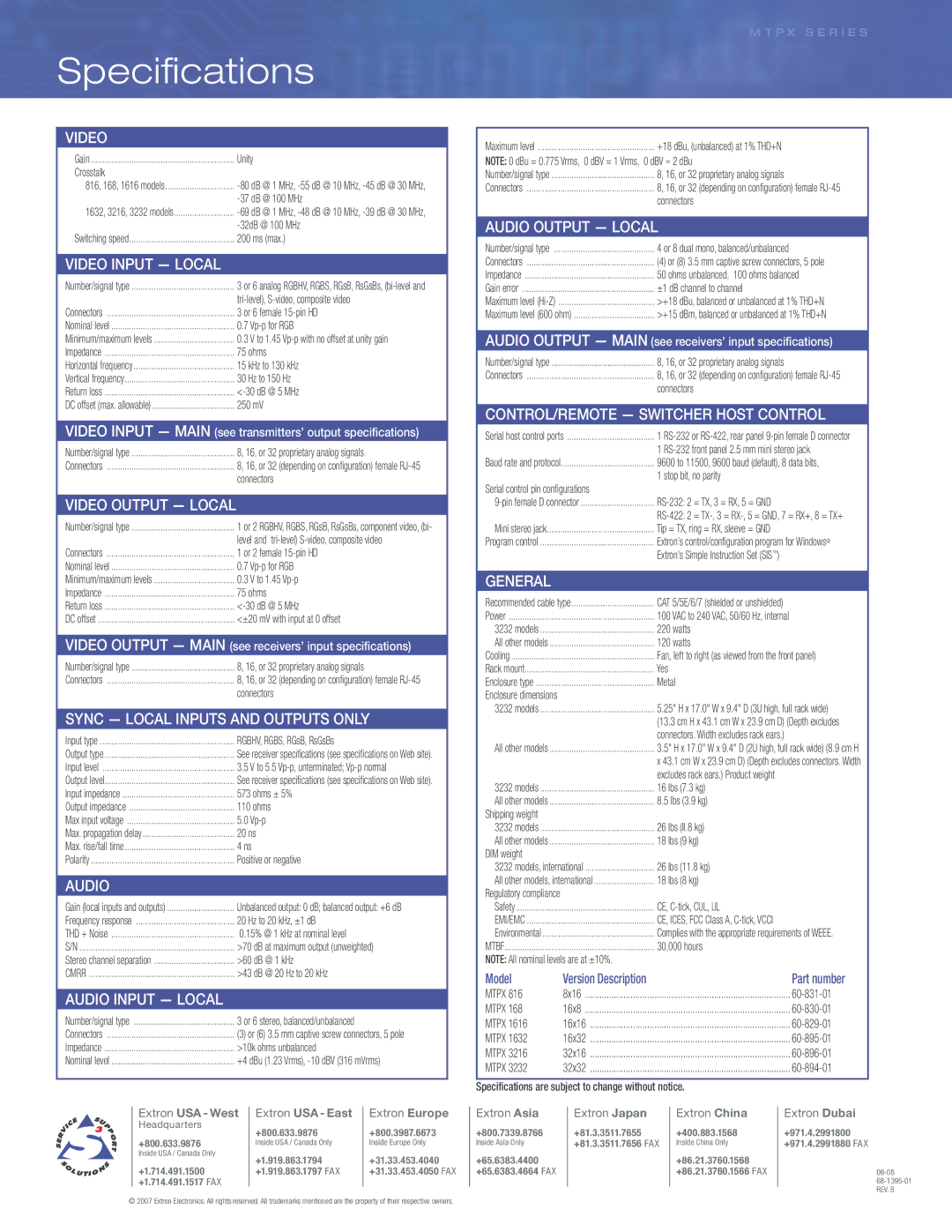 Extron electronic 1632 manual Specifications, Model, Part number 