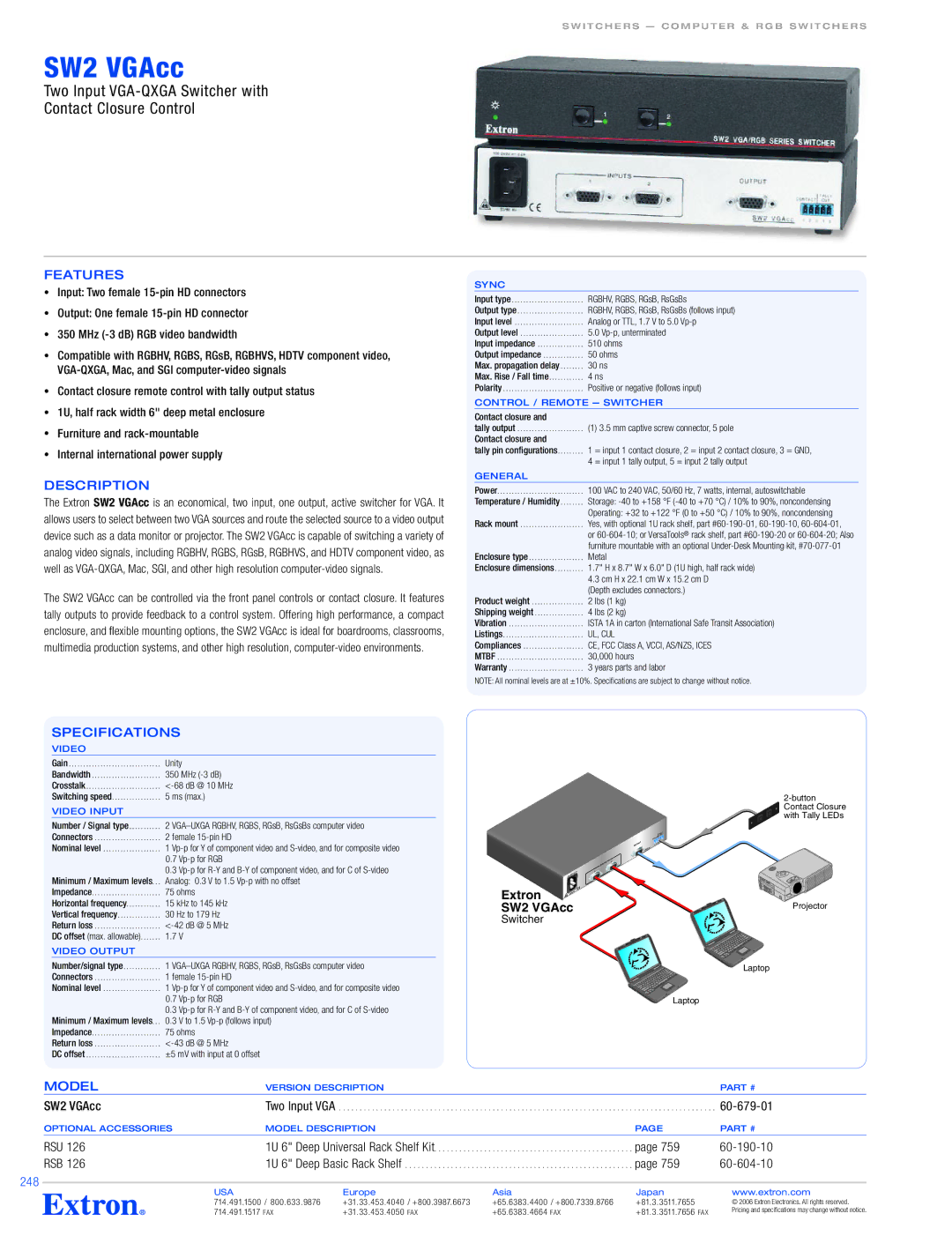 Extron electronic 2 VGAcc specifications Features, Description, Specifications, Model, 248 