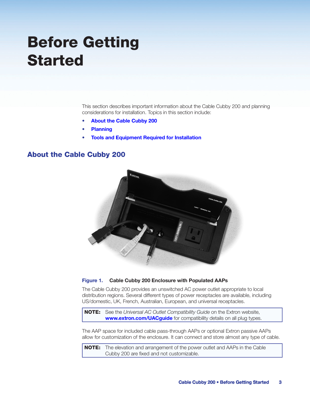 Extron electronic 200 manual Before Getting Started, About the Cable Cubby Planning 
