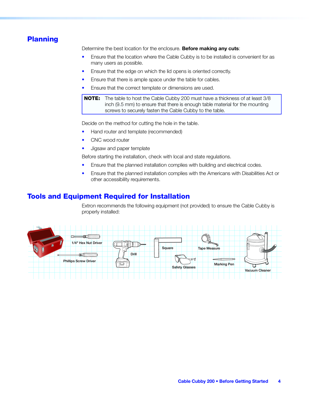 Extron electronic 200 manual Planning, Tools and Equipment Required for Installation 