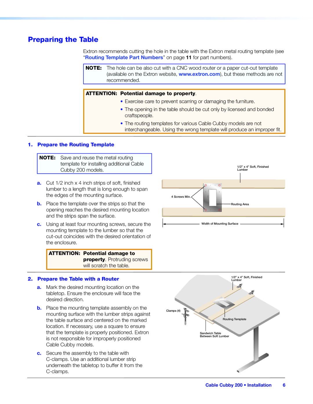 Extron electronic 200 manual Preparing the Table, Prepare the Routing Template, Prepare the Table with a Router 