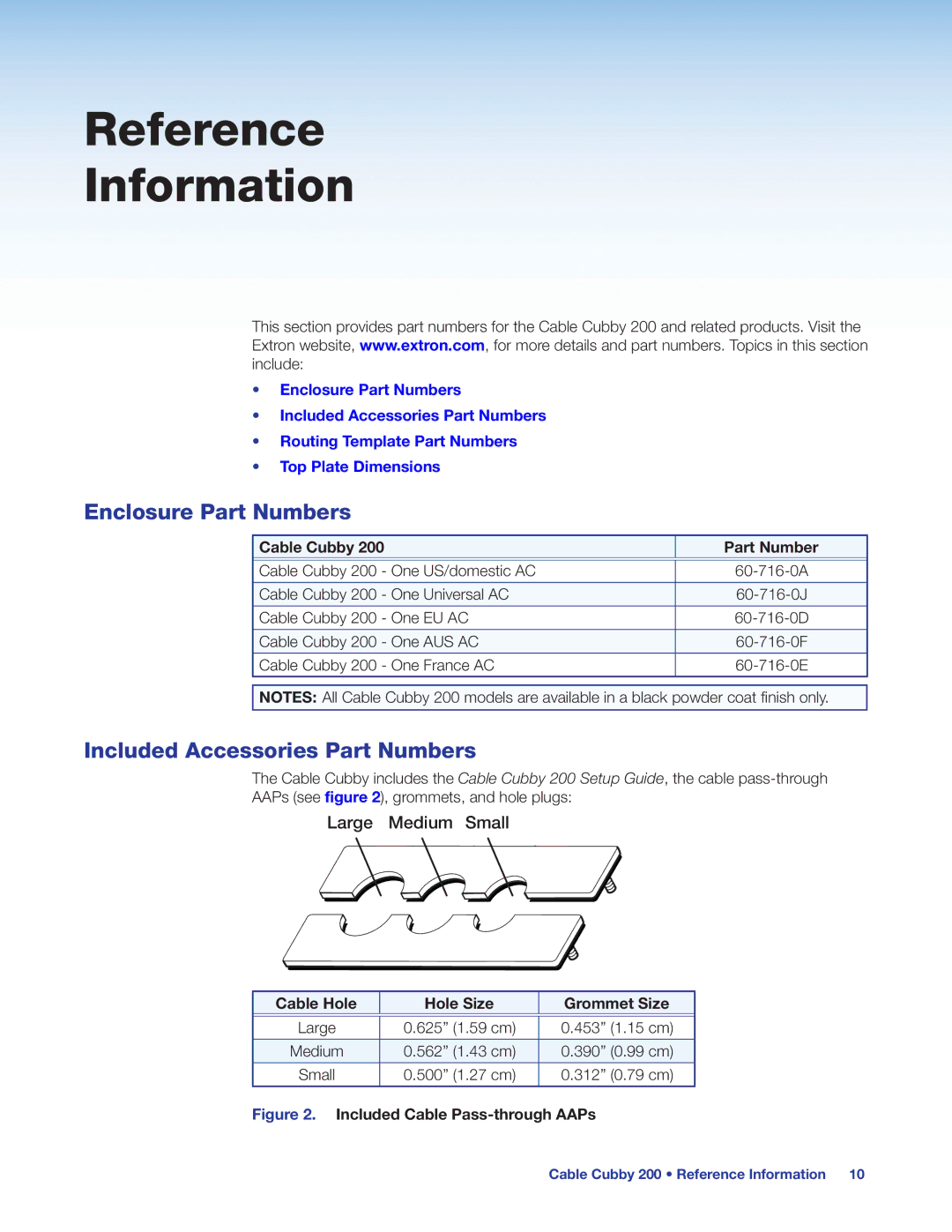 Extron electronic 200 manual Reference Information, Enclosure Part Numbers, Included Accessories Part Numbers 