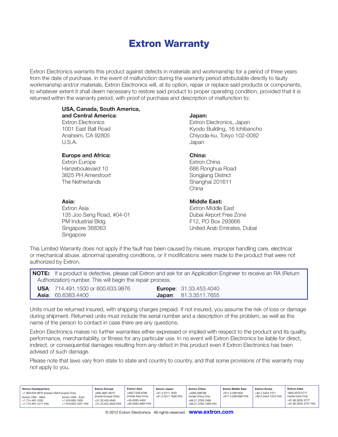 Extron electronic 200 manual USA, Canada, South America Central America Japan, Europe and Africa China, Asia Middle East 