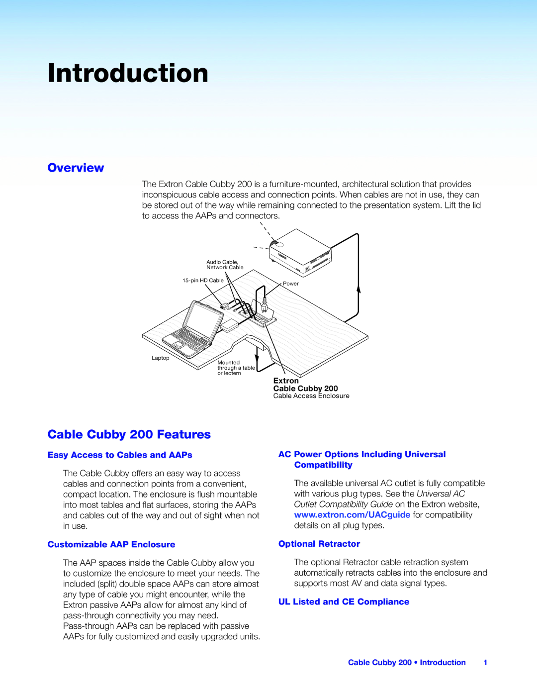 Extron electronic manual Introduction, Overview, Cable Cubby 200 Features 