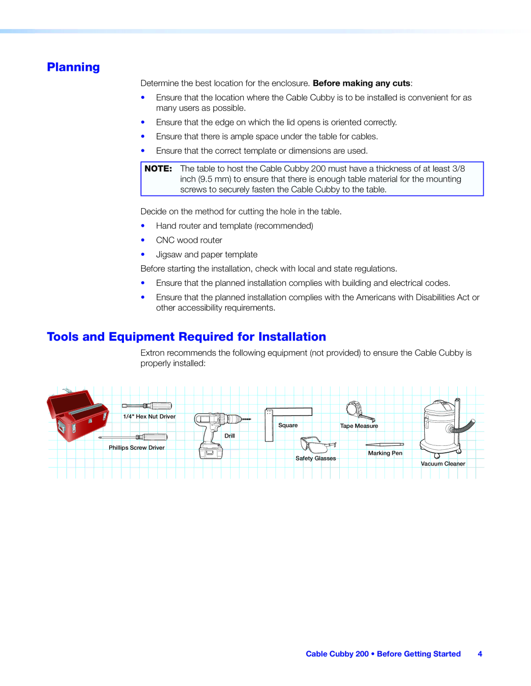 Extron electronic 200 manual Planning, Tools and Equipment Required for Installation 