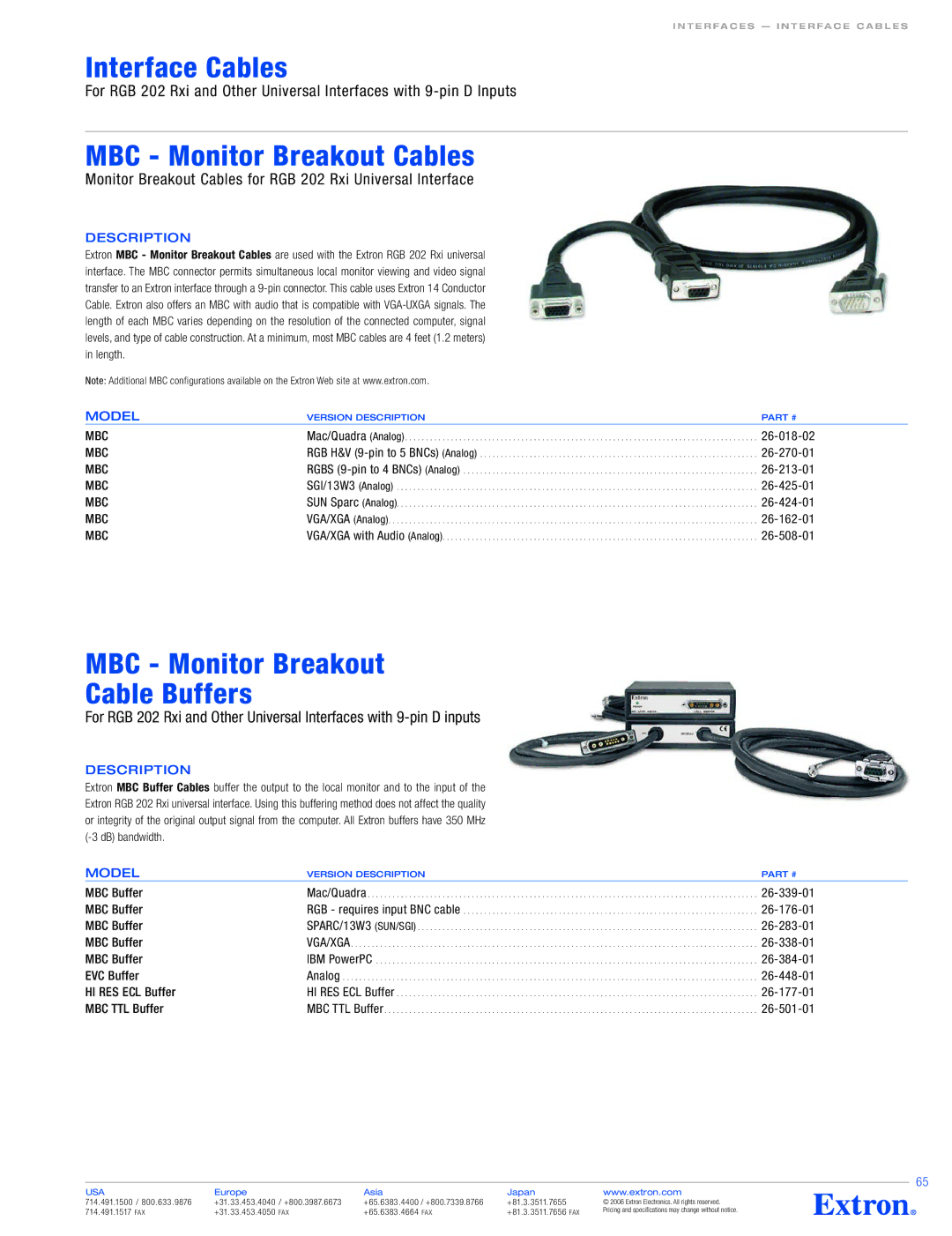 Extron electronic 26-424-01, 26-601-01, 26-270-01, 26-338-01 specifications Interface Cables, MBC Monitor Breakout Cables 