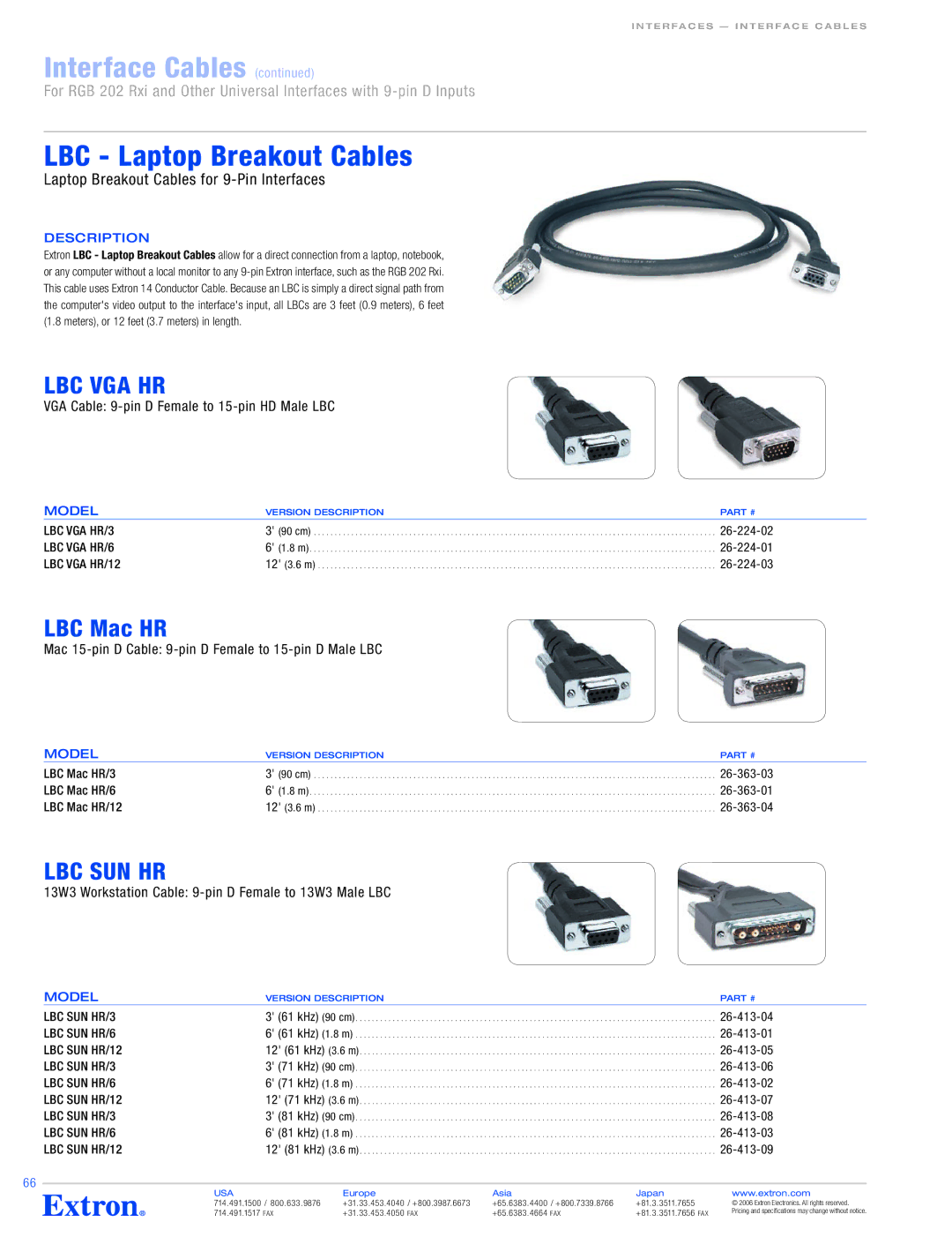 Extron electronic 26-270-01, 26-601-01, 26-424-01, 26-338-01 LBC Laptop Breakout Cables, Lbc Vga Hr, LBC Mac HR, Lbc Sun Hr 