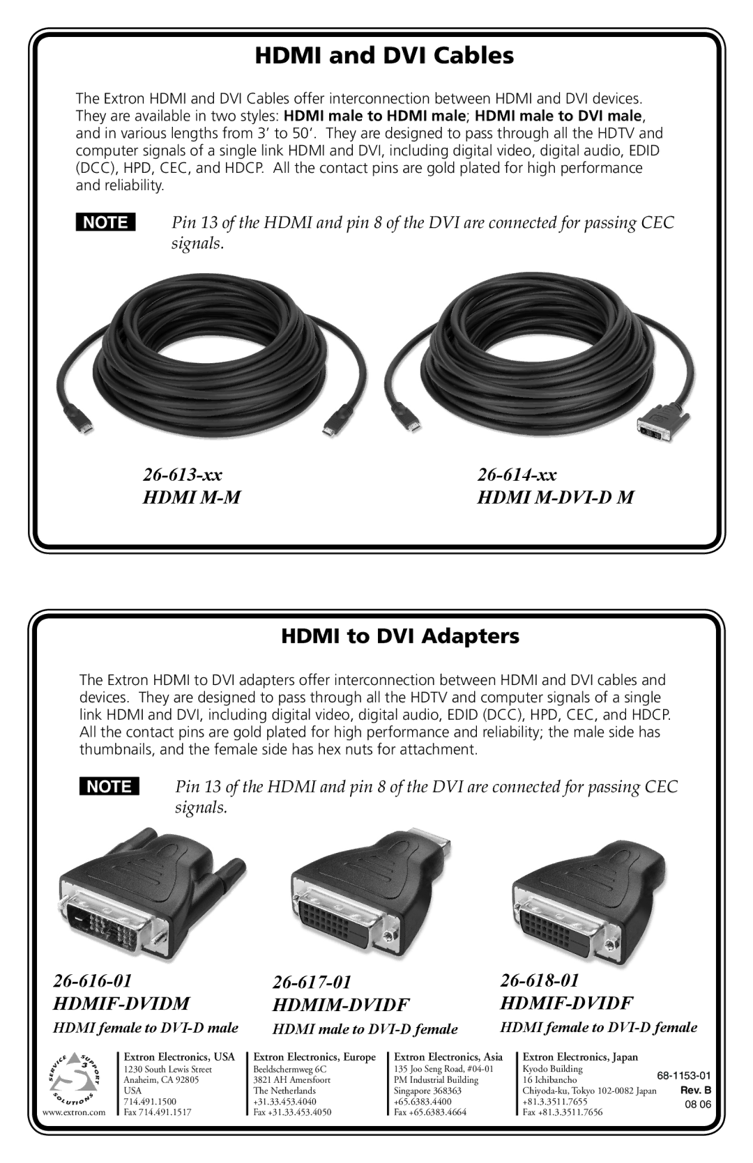 Extron electronic 26-617-01 manual Hdmi and DVI Cables, Hdmi to DVI Adapters, Hdmi M-M Hdmi M-DVI-D M, Hdmif-Dvidm 