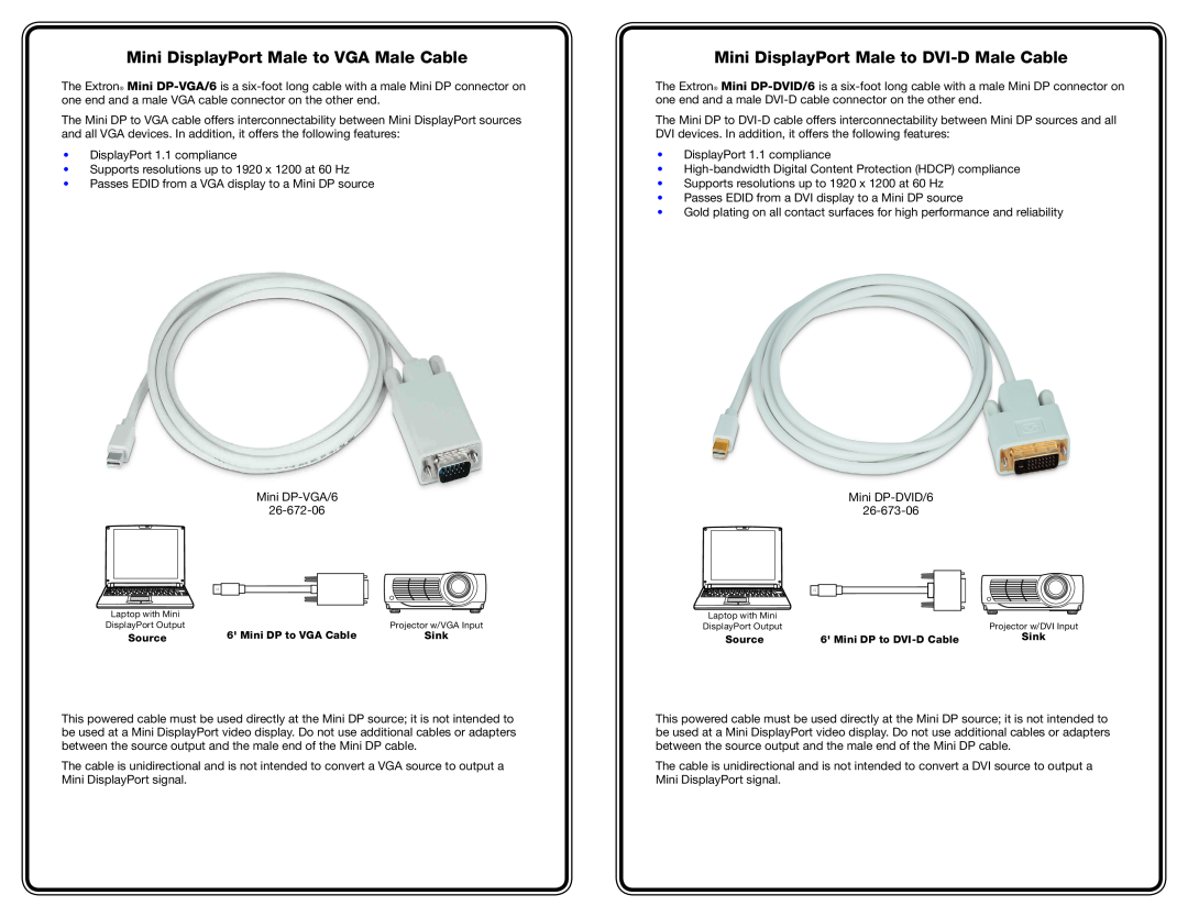 Extron electronic 26-673-06 manual Mini DisplayPort Male to VGA Male Cable, Mini DisplayPort Male to DVI-D Male Cable 