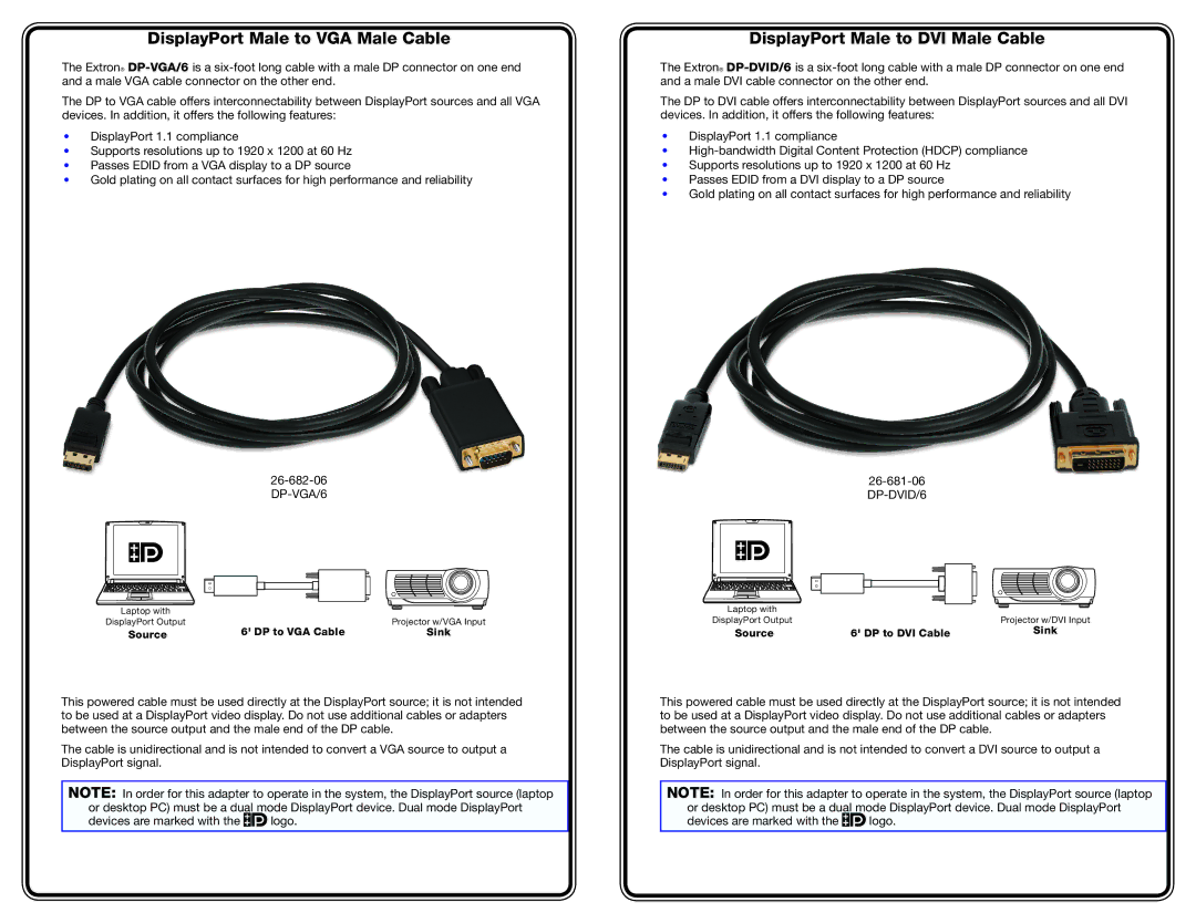 Extron electronic 26-681-06, 26-682-06 manual DisplayPort Male to VGA Male Cable, DisplayPort Male to DVI Male Cable 