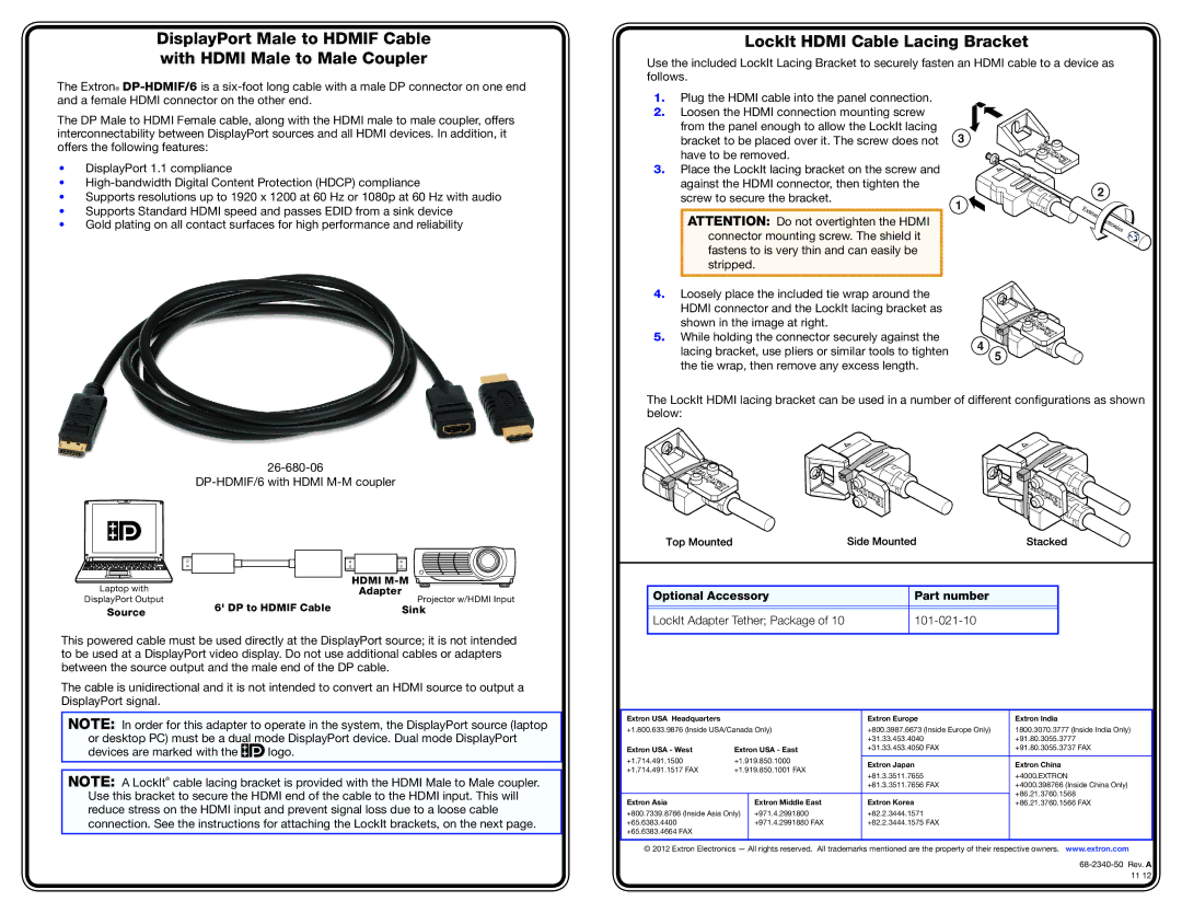 Extron electronic 26-682-06 manual LockIt Hdmi Cable Lacing Bracket, Extron USA Headquarters Extron Europe Extron India 