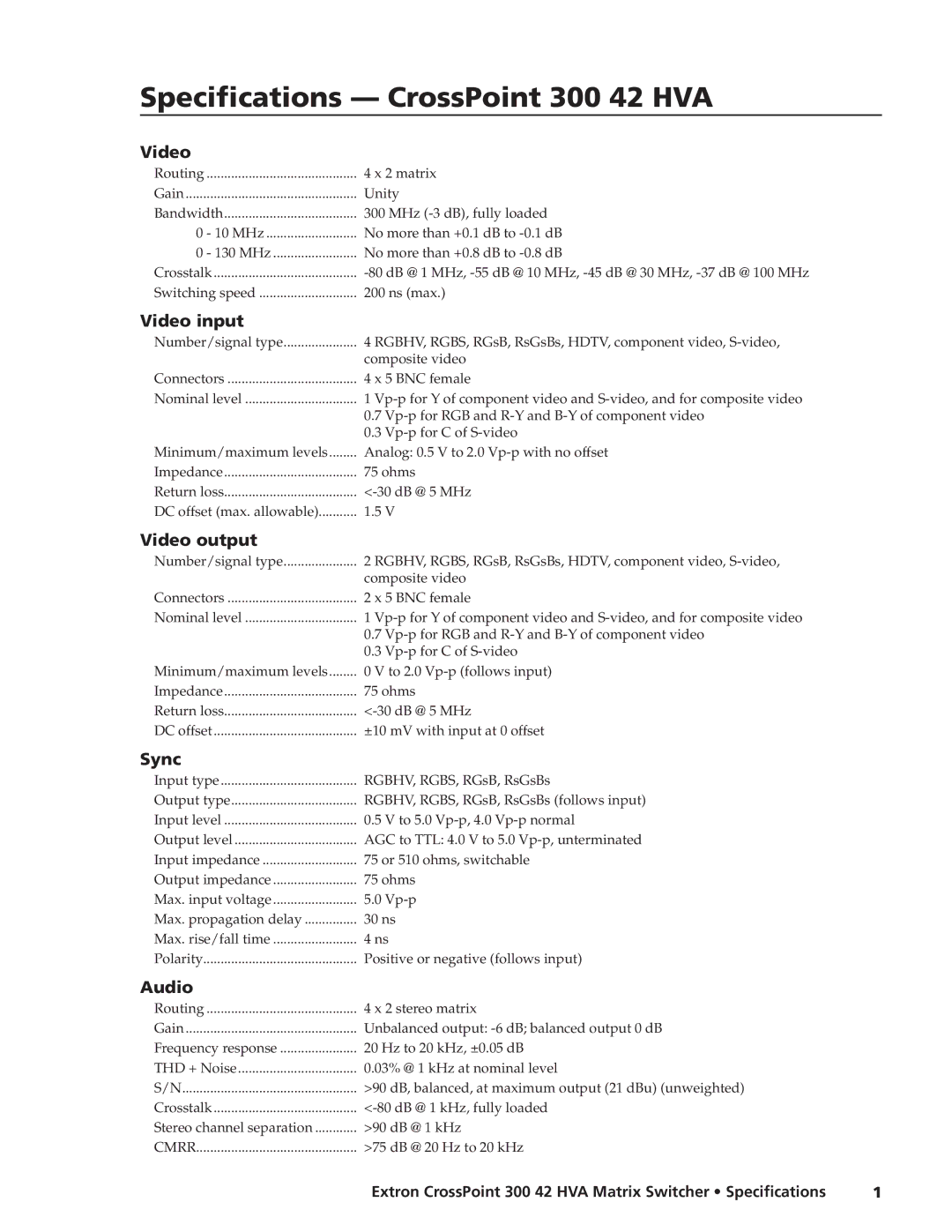 Extron electronic 300 Series specifications Video input, Video output, Sync, Audio 