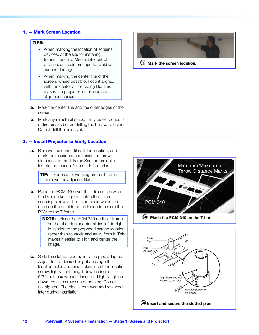 Extron electronic 305SA manual Mark Screen Location, Mark the screen location, Install Projector to Verify Location 