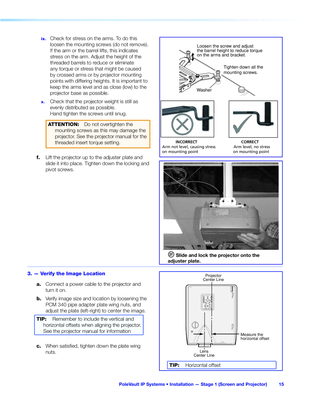 Extron electronic 305SA manual Slide and lock the projector onto the adjuster plate, Verify the Image Location 