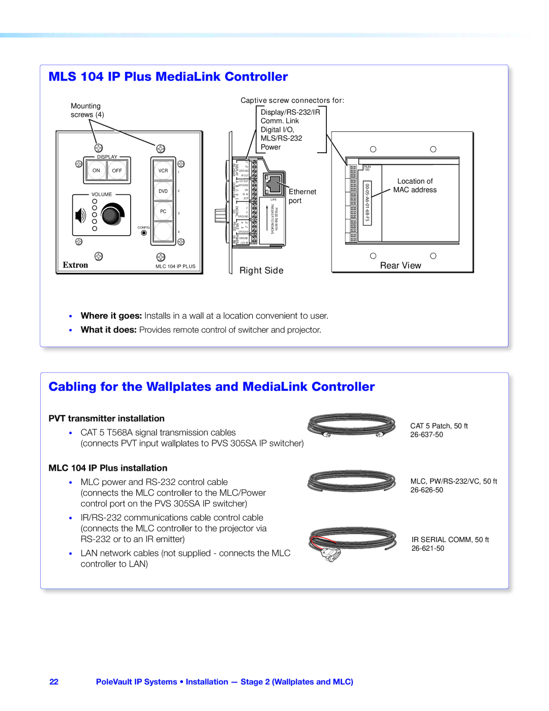 Extron electronic 305SA manual MLS 104 IP Plus MediaLink Controller, Cabling for the Wallplates and MediaLink Controller 