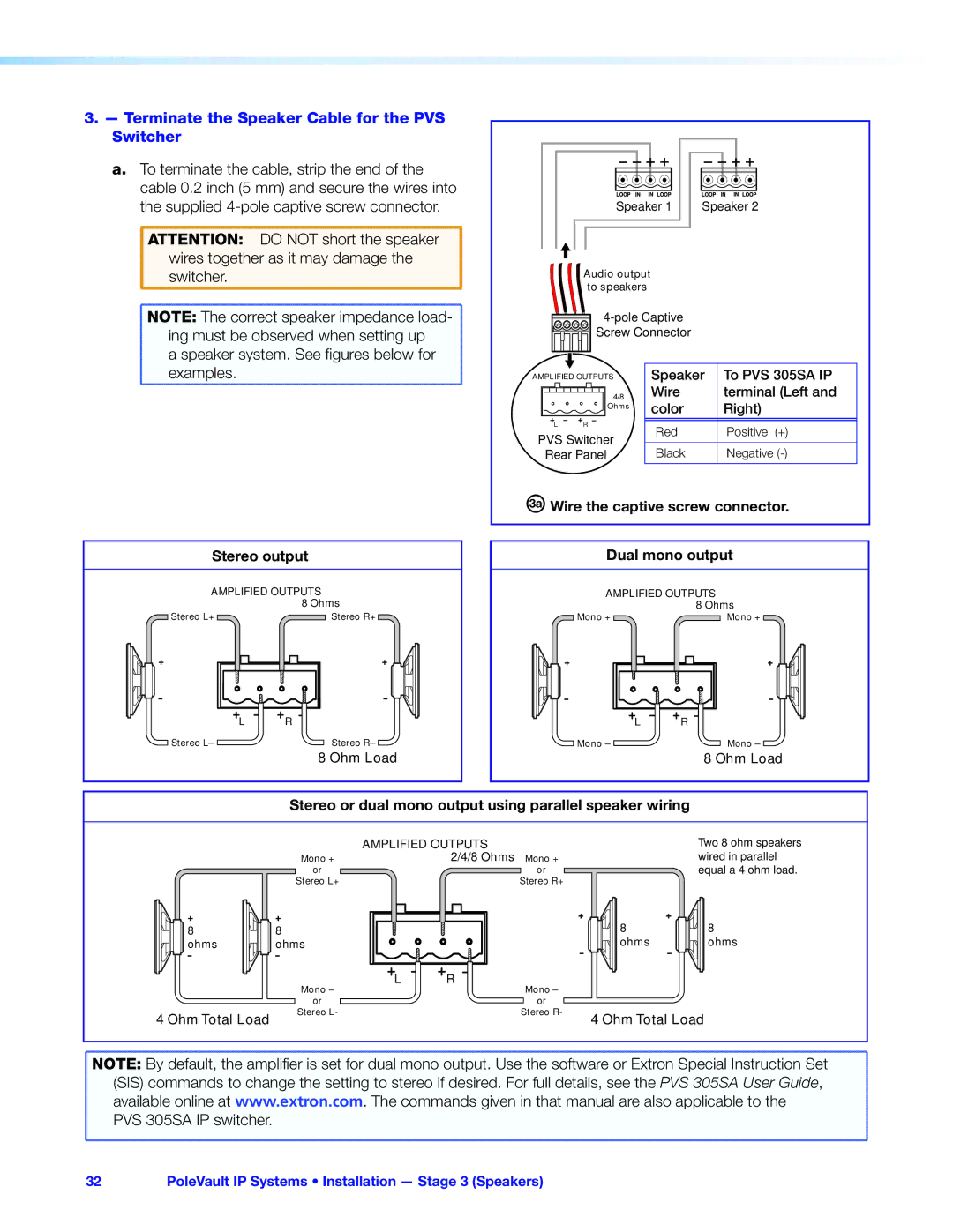 Extron electronic 305SA manual Terminate the Speaker Cable for the PVS Switcher, Wire the captive screw connector 