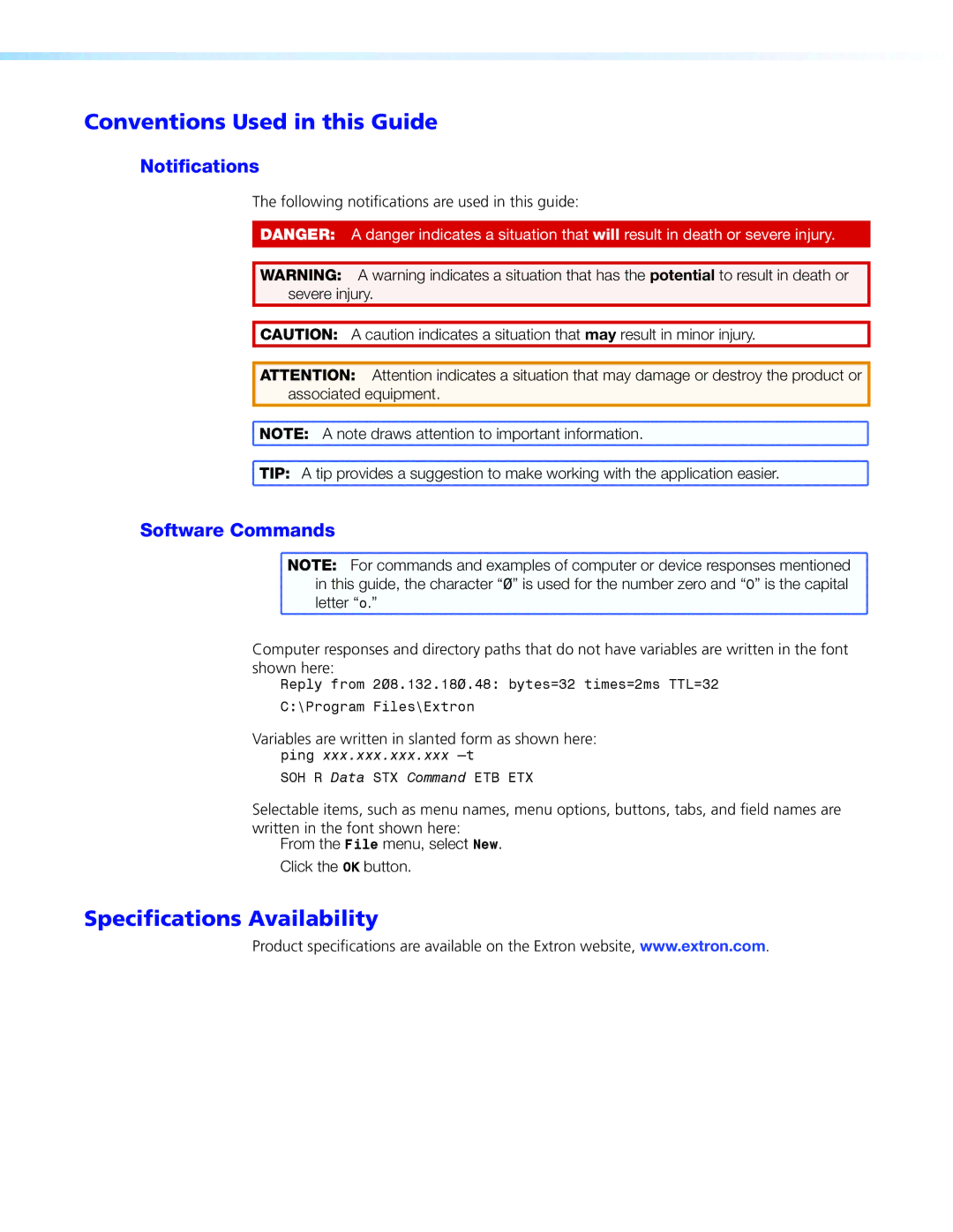 Extron electronic 305SA manual Conventions Used in this Guide, Specifications Availability, Letter o 