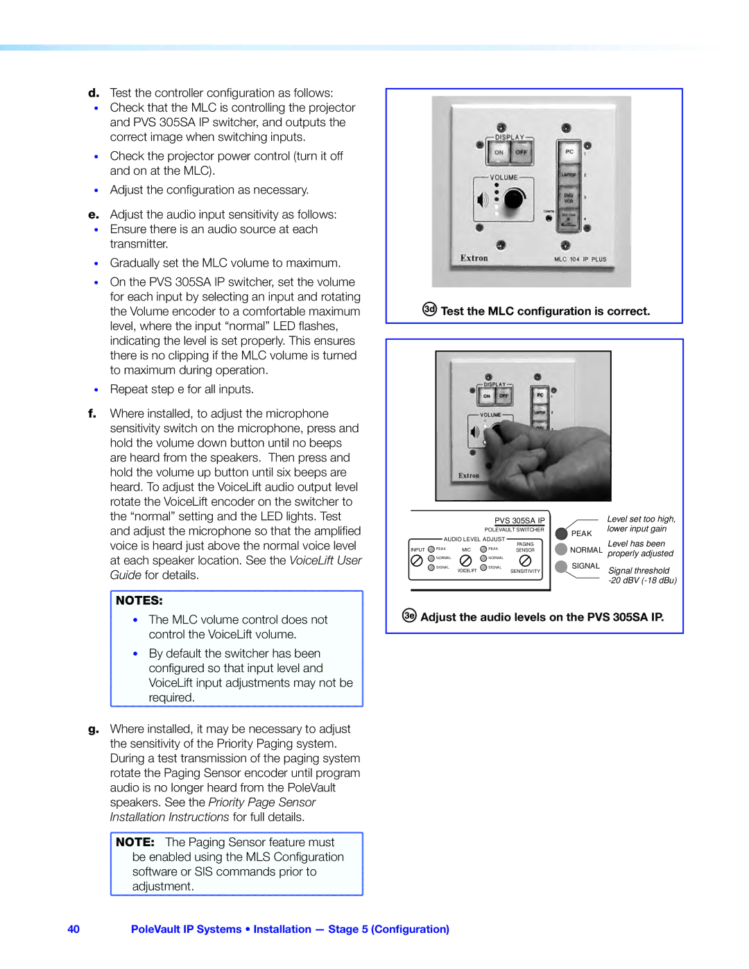 Extron electronic manual Test the MLC configuration is correct, Adjust the audio levels on the PVS 305SA IP 