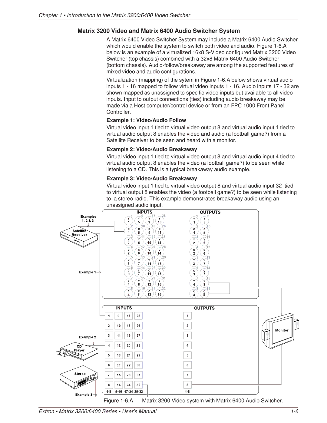 Extron electronic 6400 Series manual Matrix 3200 Video and Matrix 6400 Audio Switcher System, Example 1 Video/Audio Follow 