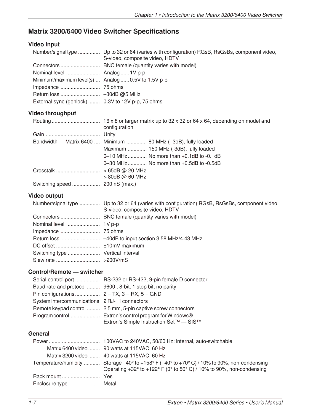 Extron electronic 3200 Series, 6400 Series manual Matrix 3200/6400 Video Switcher Specifications 