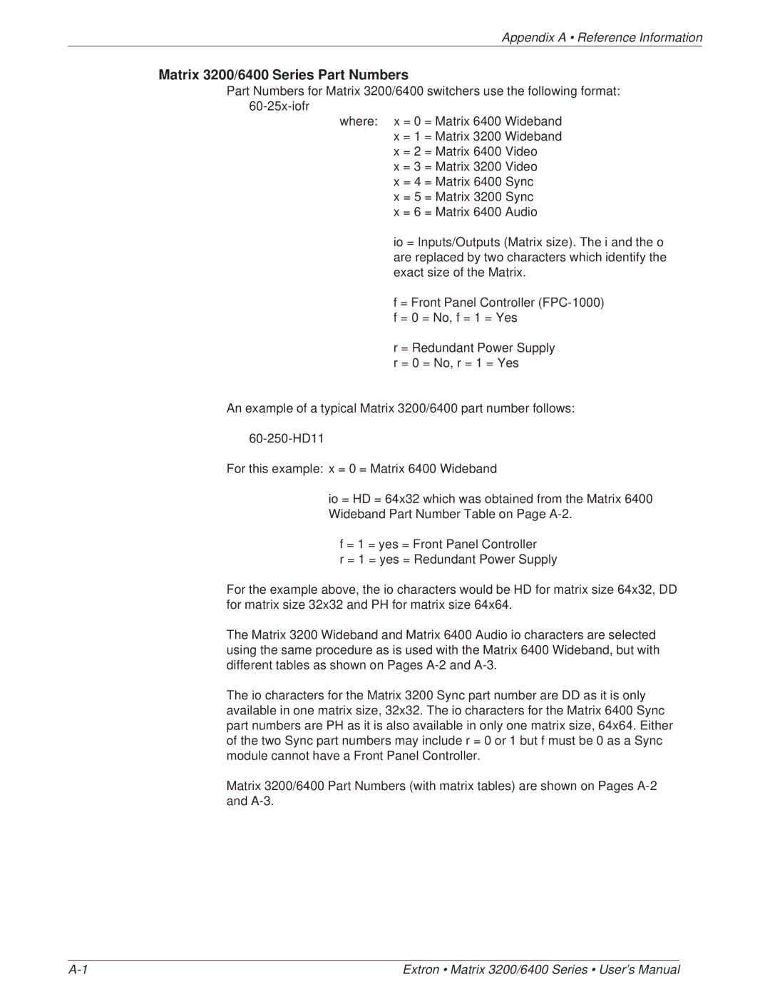 Extron electronic 3200 Series manual Matrix 3200/6400 Series Part Numbers 