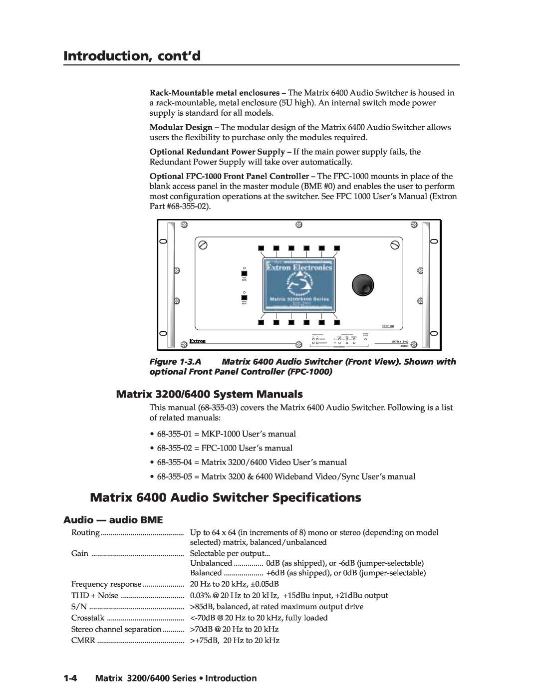 Extron electronic 3200s Introduction, cont’d, Matrix 6400 Audio Switcher Specifications, Matrix 3200/6400 System Manuals 