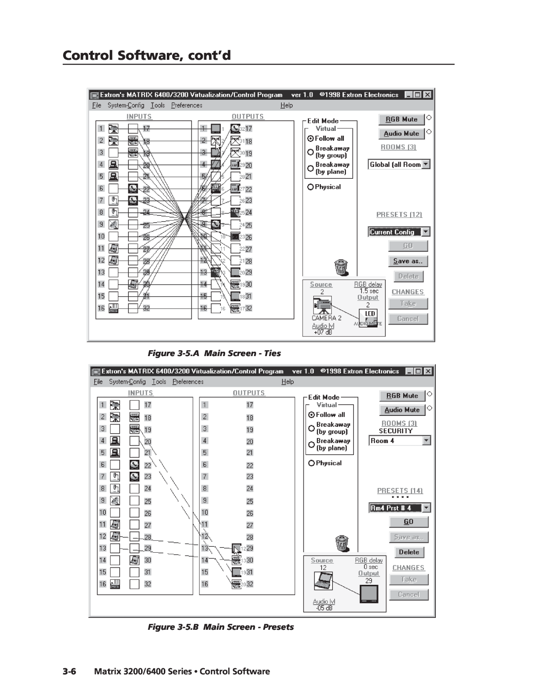Extron electronic 3200s manual 5.A Main Screen - Ties -5.B Main Screen - Presets, Matrix 3200/6400 Series Control Software 
