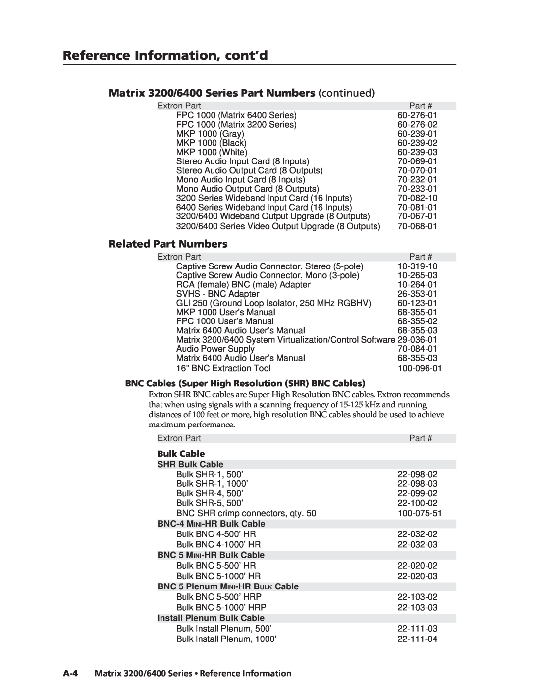 Extron electronic 3200s manual Reference Information, cont’d, Matrix 3200/6400 Series Part Numbers continued, Bulk Cable 