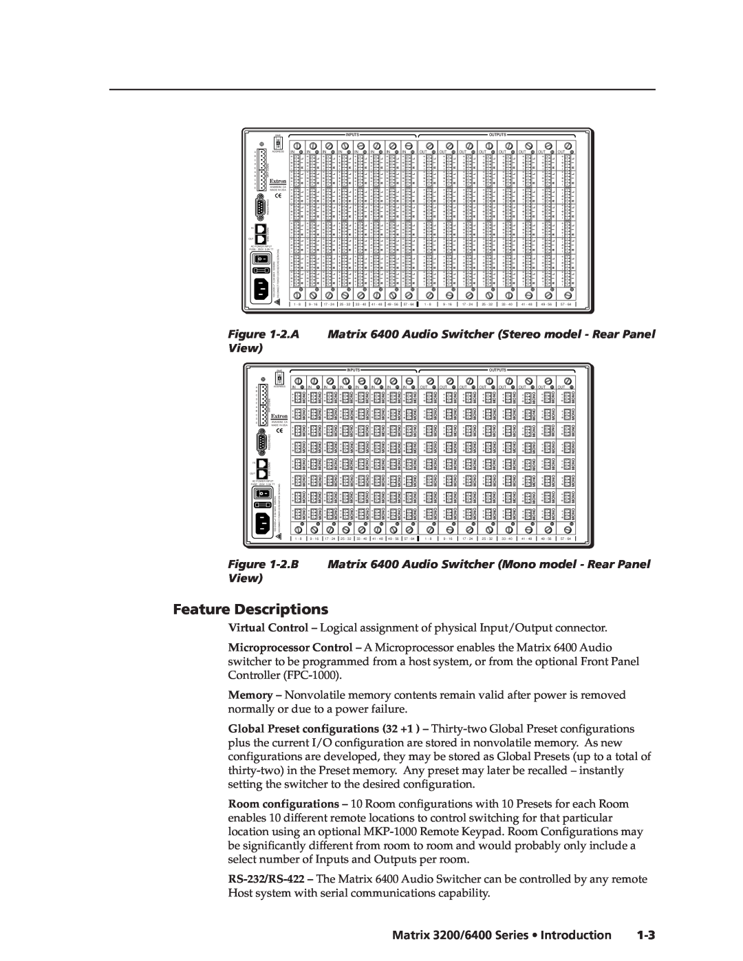 Extron electronic 3200s manual Feature Descriptions, 2.B Matrix 6400 Audio Switcher Mono model - Rear Panel View 