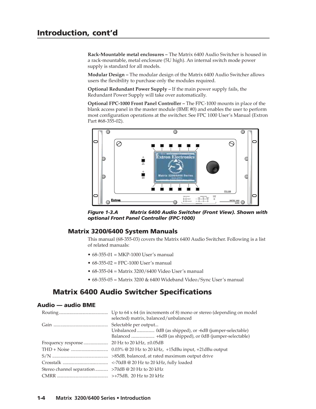 Extron electronic 3200s Introduction, cont’d, Matrix 6400 Audio Switcher Specifications, Matrix 3200/6400 System Manuals 