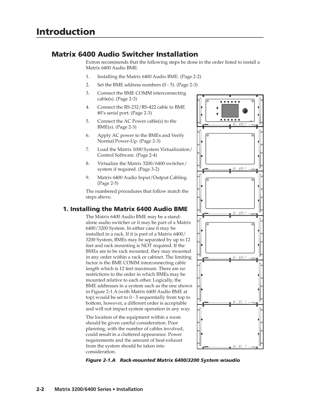 Extron electronic 3200s manual Introductionstallation, cont’d, Matrix 6400 Audio Switcher Installation 