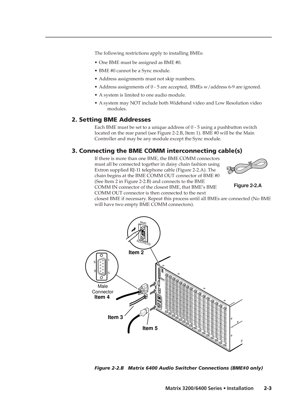 Extron electronic 3200s manual Setting BME Addresses, Connecting the BME Comm interconnecting cables 