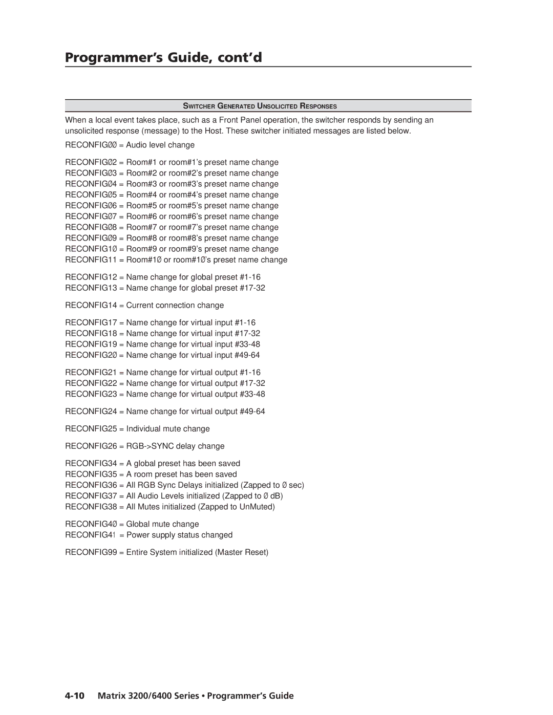 Extron electronic 3200s manual Switcher Generated Unsolicited Responses 