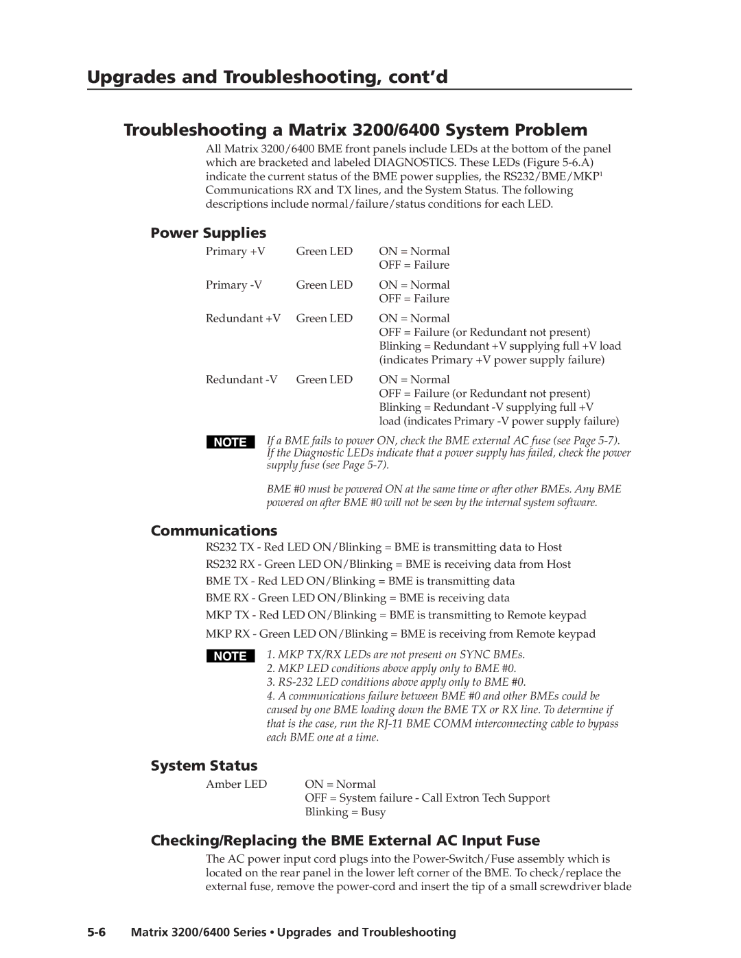 Extron electronic 3200s Troubleshooting a Matrix 3200/6400 System Problem, Power Supplies, Communications, System Status 