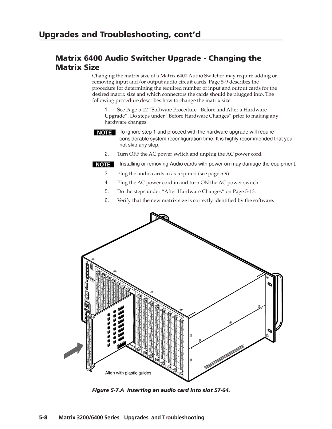 Extron electronic 3200s Matrix 6400 Audio Switcher Upgrade Changing the Matrix Size, A Inserting an audio card into slot 