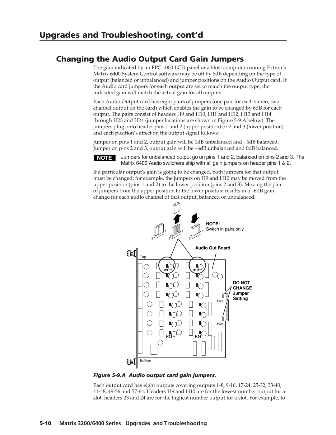 Extron electronic 3200s manual Changing the Audio Output Card Gain Jumpers, A Audio output card gain jumpers 