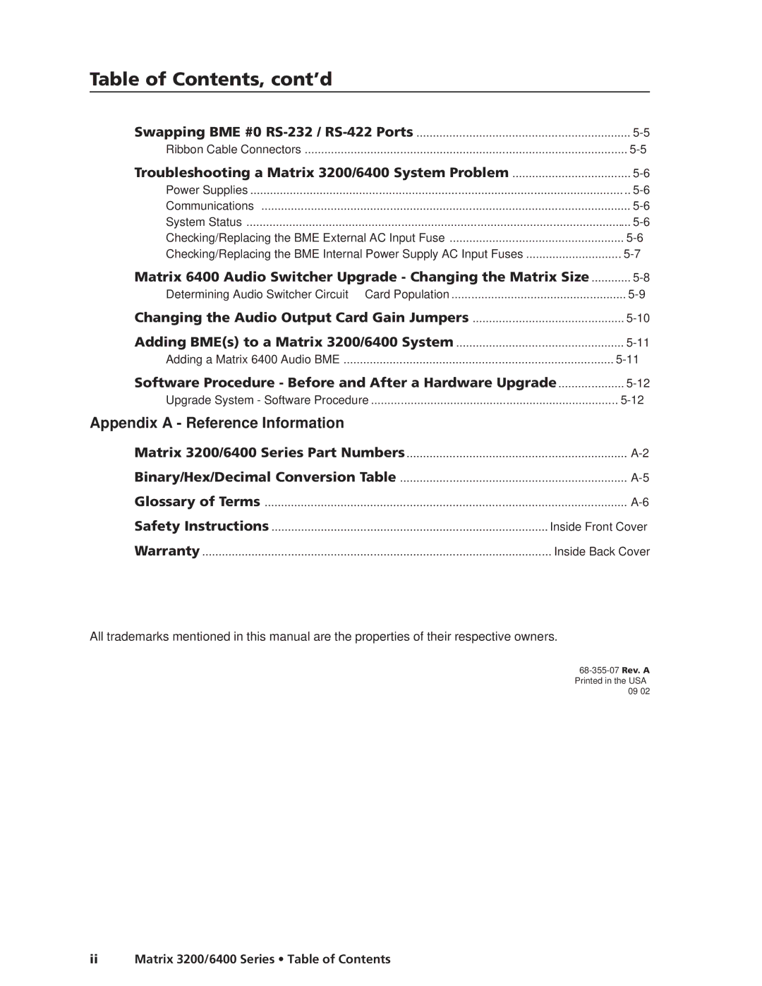 Extron electronic 3200s manual Table of Contents, cont’d 