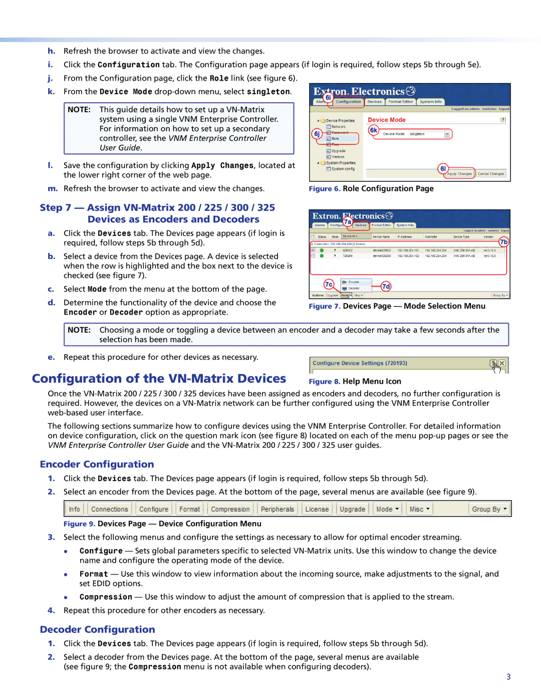 Extron electronic 225, 325 setup guide Configuration of the VN-Matrix Devices, Encoder Configuration, Decoder Configuration 