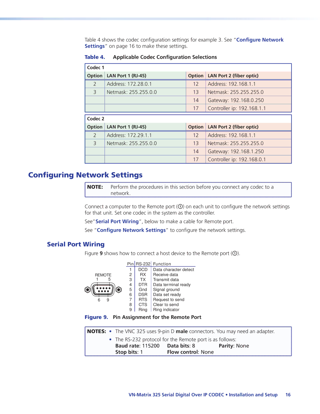 Extron electronic 325 manual Configuring Network Settings, Serial Port Wiring 