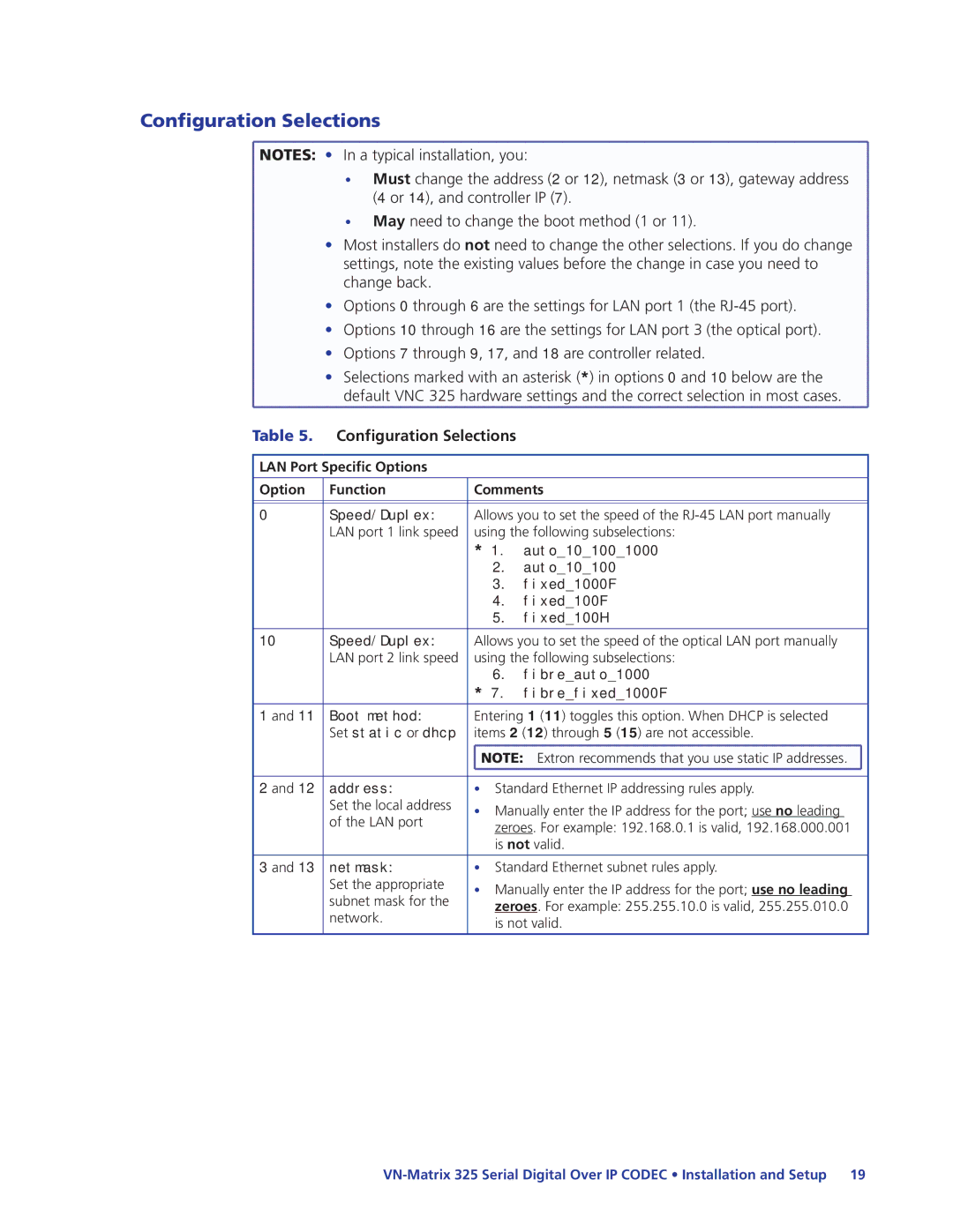 Extron electronic 325 manual Configuration Selections 