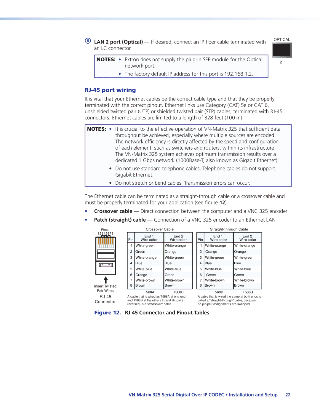 Extron electronic 325 manual RJ-45 port wiring, RJ-45 Connector and Pinout Tables 