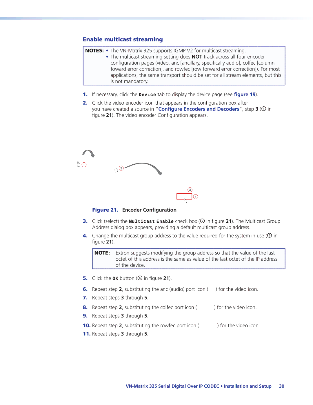 Extron electronic 325 manual Enable multicast streaming, Encoder Configuration 