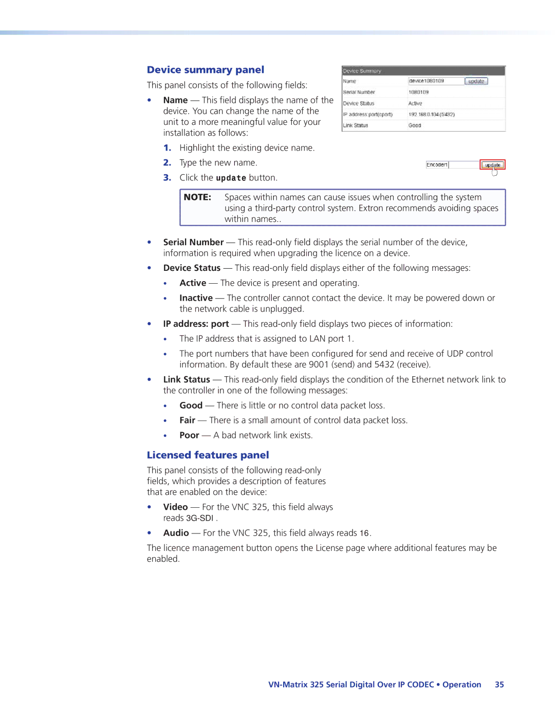 Extron electronic 325 manual Device summary panel, Licensed features panel 