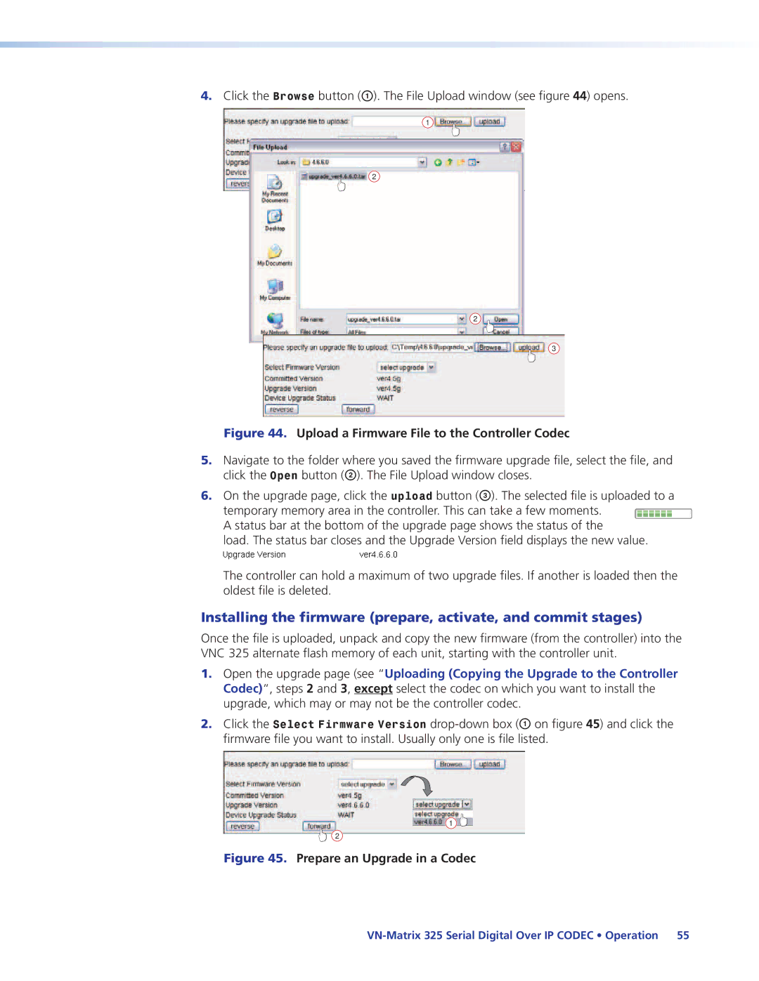 Extron electronic 325 manual Installing the firmware prepare, activate, and commit stages 