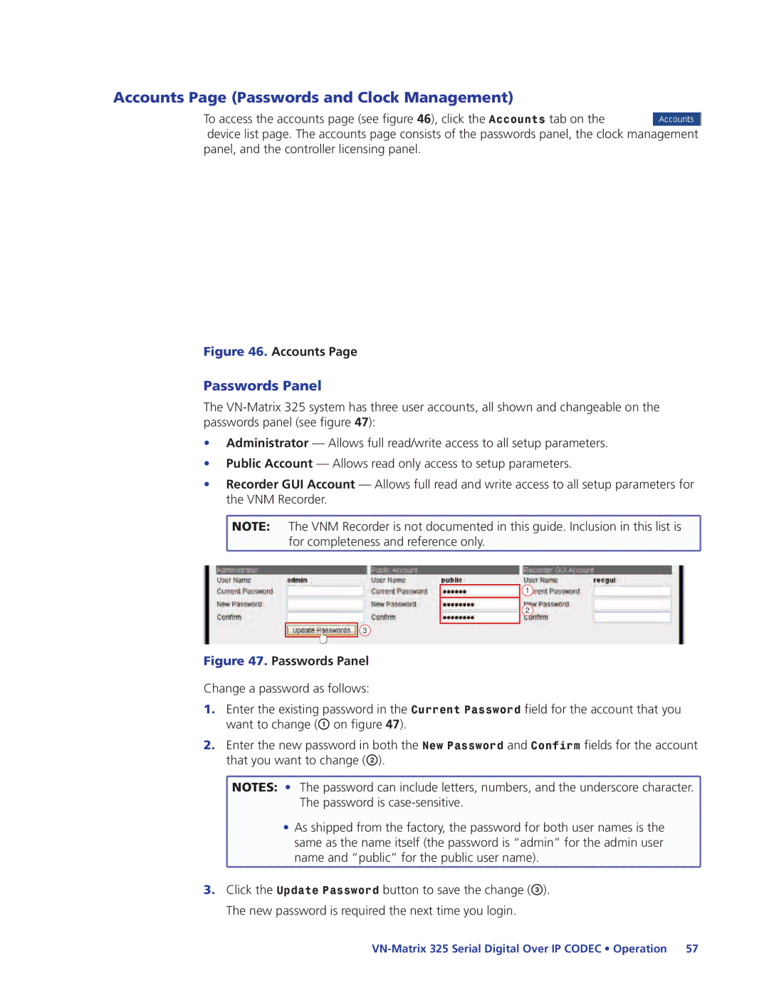 Extron electronic 325 manual Accounts Page Passwords and Clock Management, Passwords Panel 