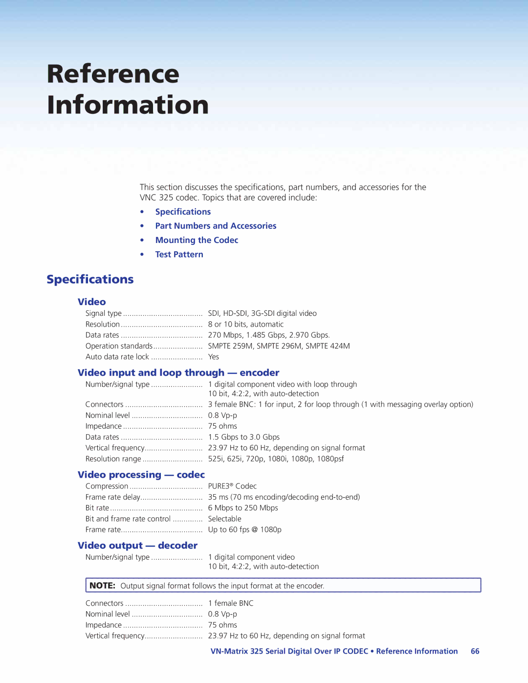 Extron electronic 325 manual Specifications, Video input and loop through encoder, Video processing codec 