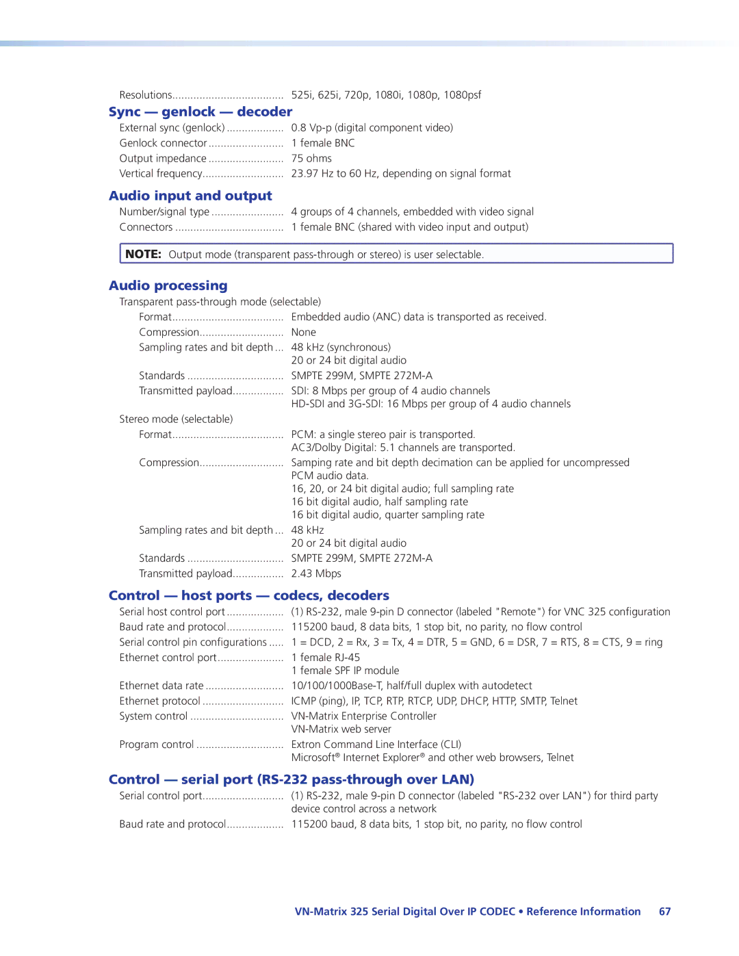 Extron electronic 325 Sync genlock decoder, Audio input and output, Audio processing, Control host ports codecs, decoders 